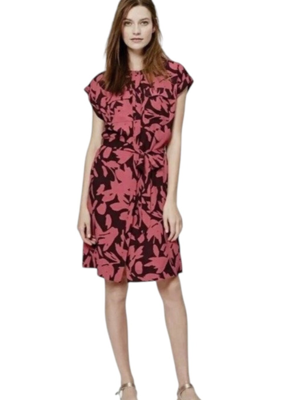 LOFT Pink and Burgundy Brown Dress With Belt - Size Small Womens - Picture 9 of 9